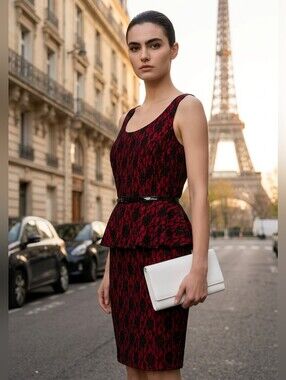 Red & Black Lace Peplum Cocktail Dress Sz 14 Romantic Goth Dark Feminine Vampy